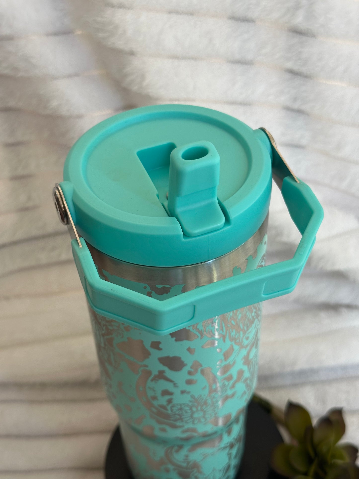 30oz Teal Flip Straw Tumbler With Western Cow Print