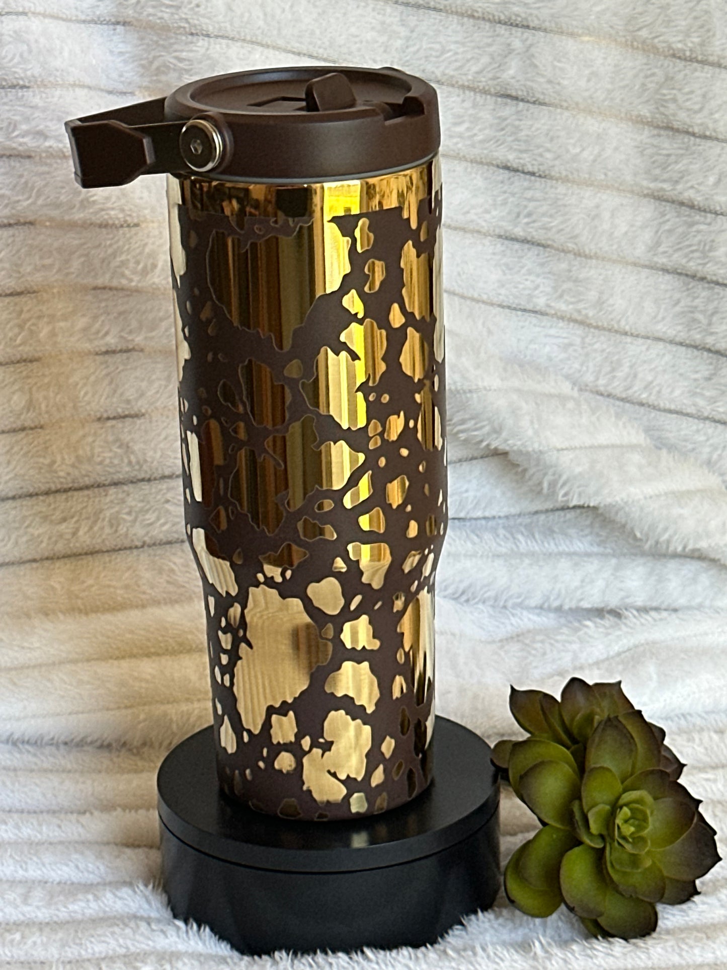 30oz Brown And Gold Cow Print Tumbler With Flip Straw