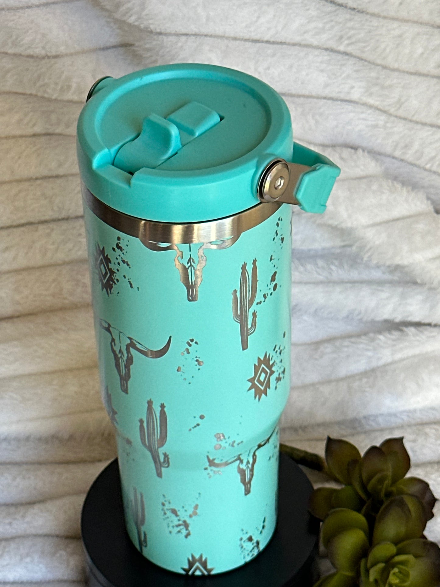30oz Teal Southwestern Tumbler With Flip Straw