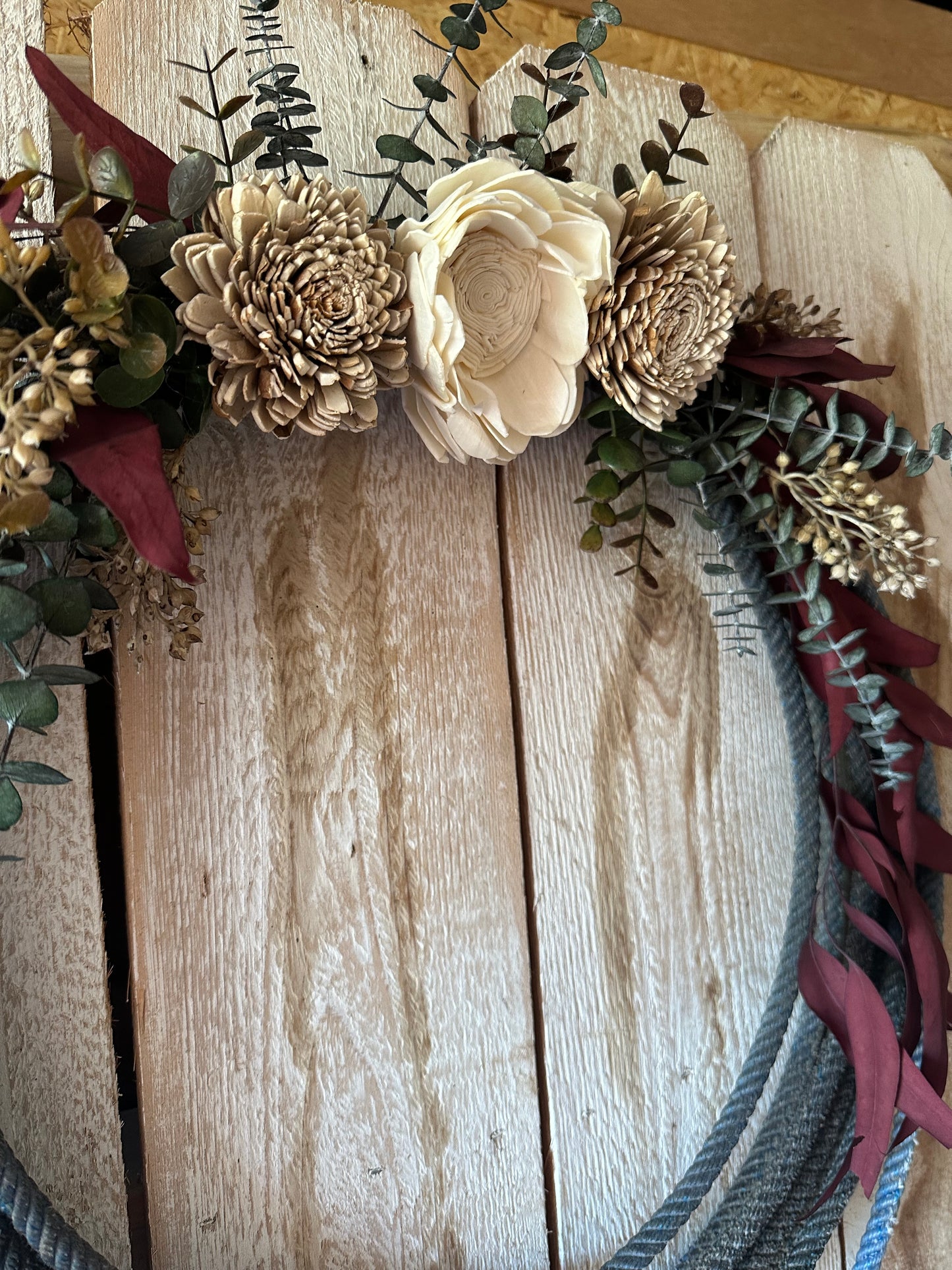 Lariat Wreath-Blue with Wood Florals