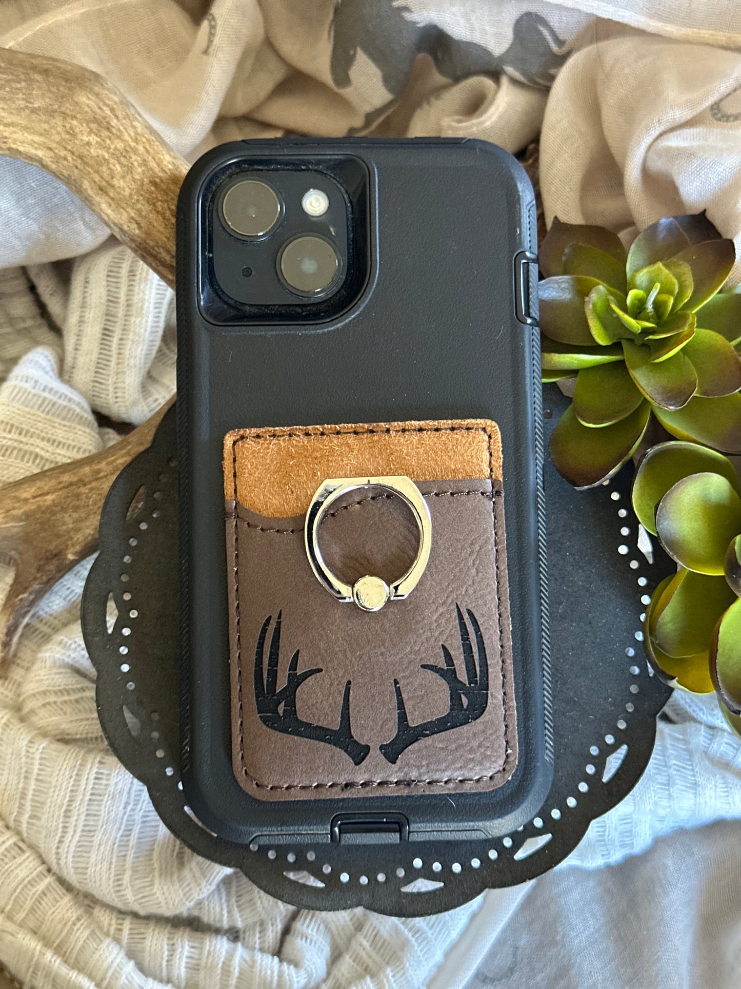 Distressed Deer Antler Phone Wallet With Silver Ring