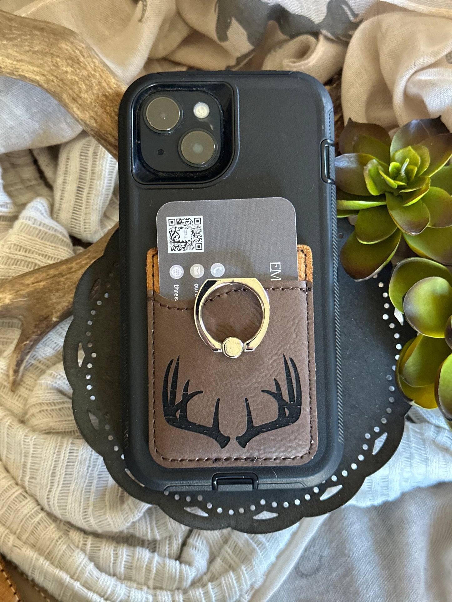 Distressed Deer Antler Phone Wallet With Silver Ring