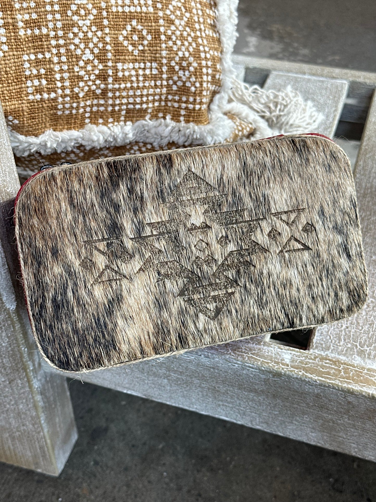 Large Red Aztec Hair on Hide Jewelry Box