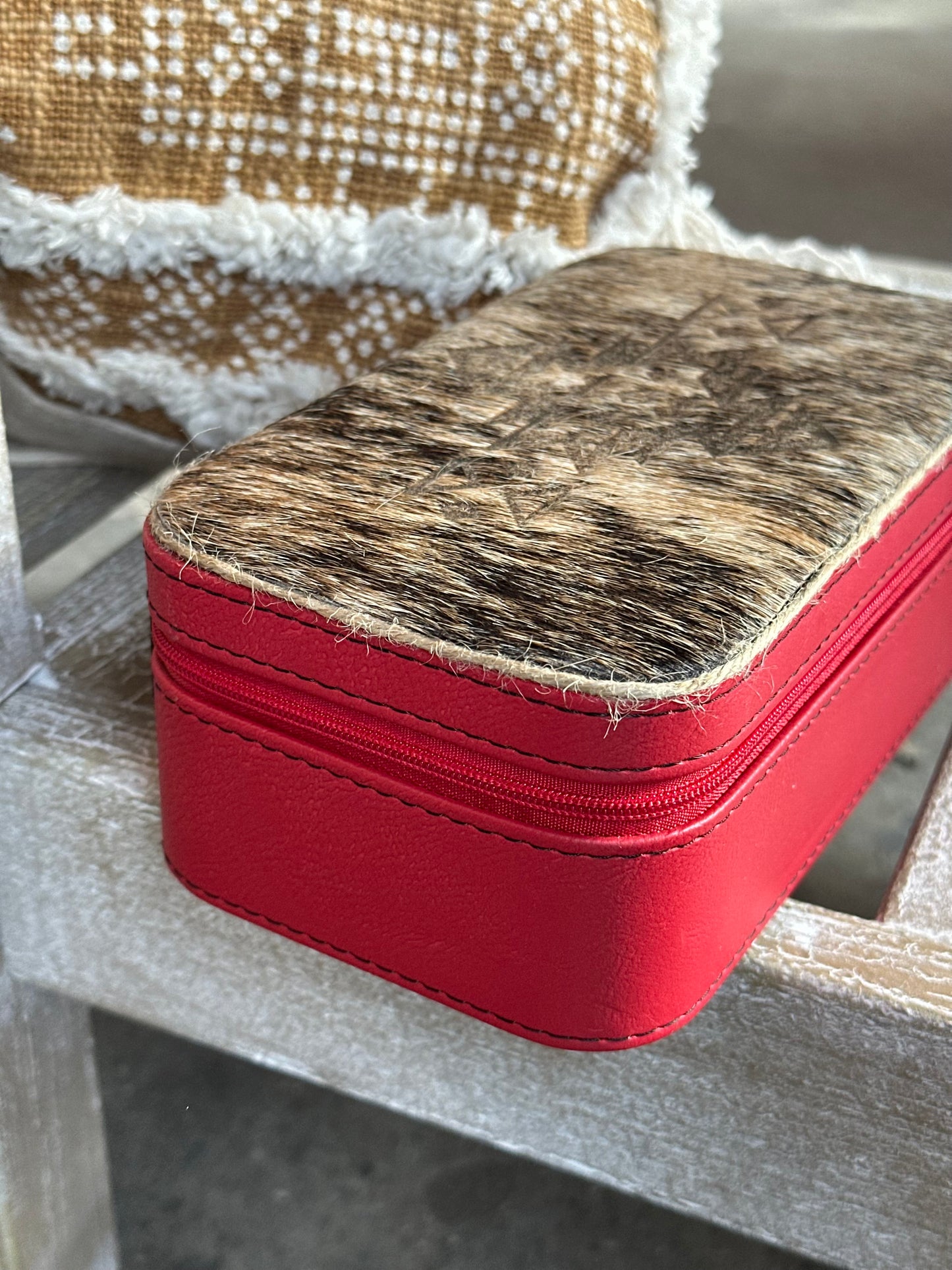 Large Red Aztec Hair on Hide Jewelry Box