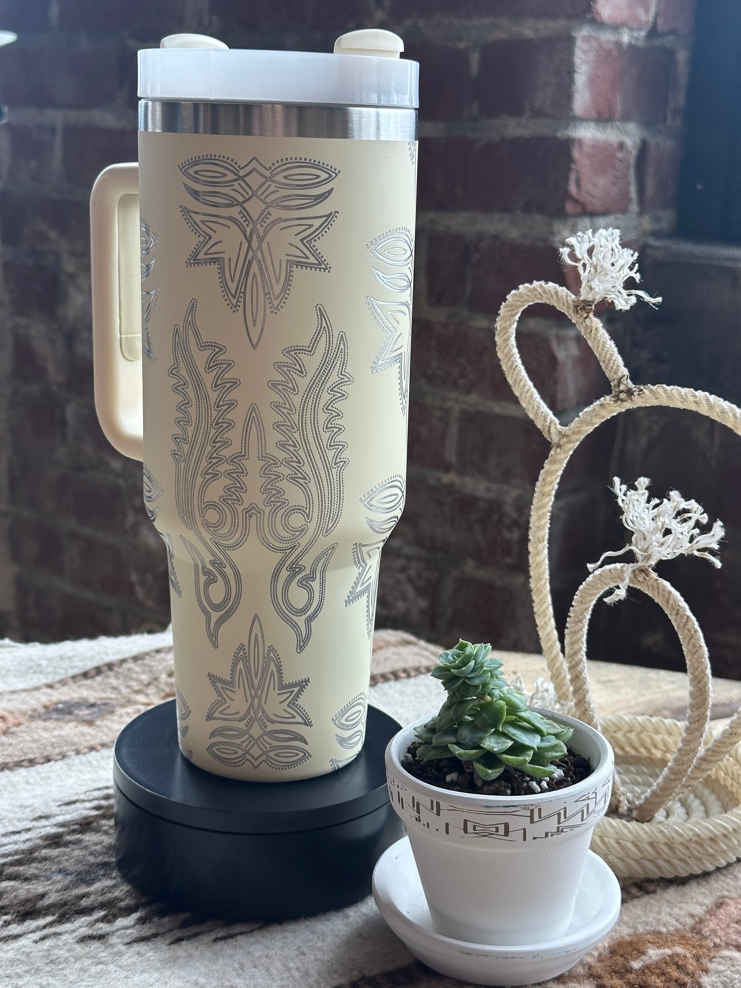 Cream and Silver Boot Stitch Tumbler