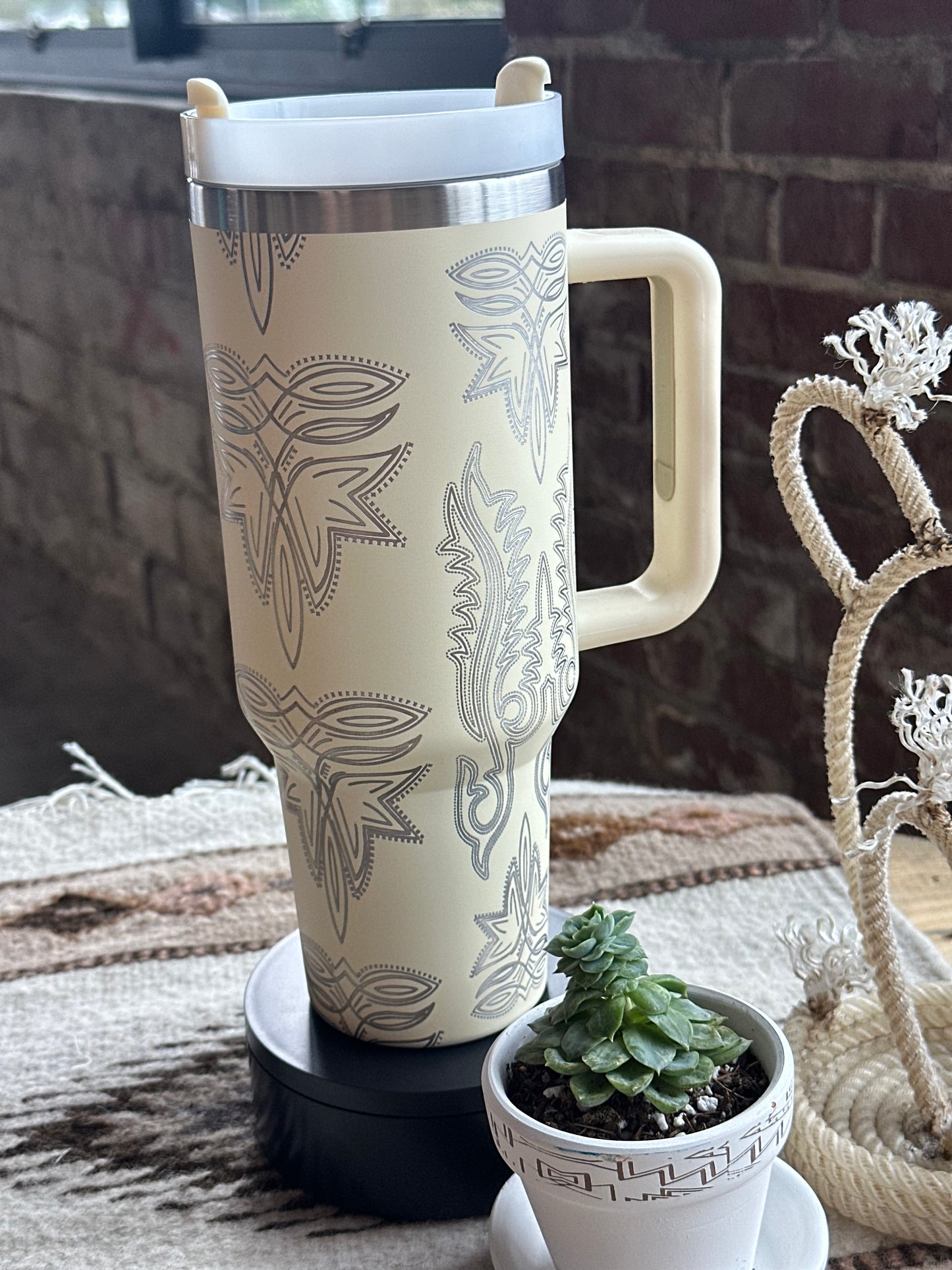 Cream and Silver Boot Stitch Tumbler