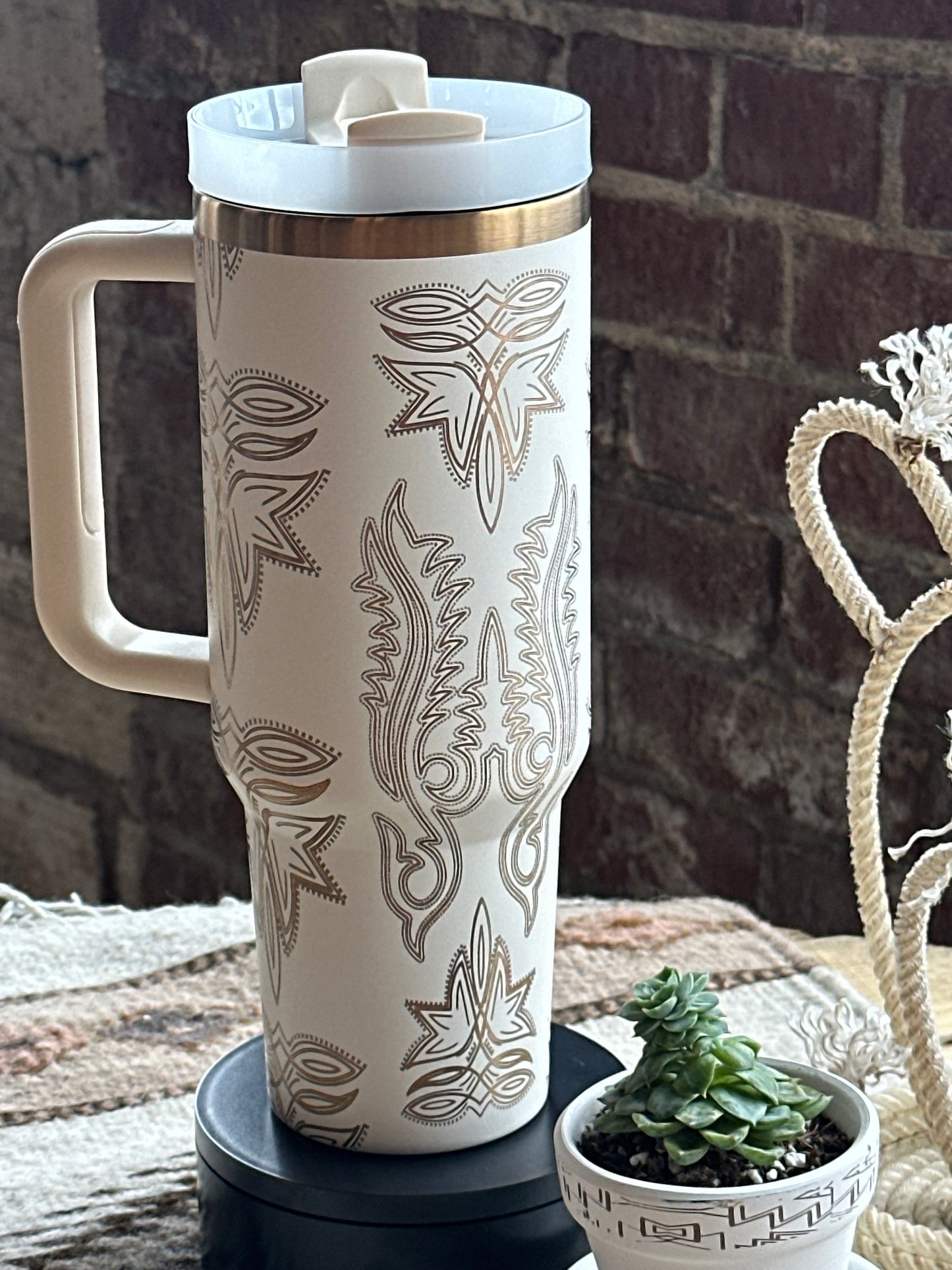 White and Copper Boot Stitch Tumbler
