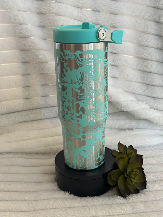 30oz Teal Flip Straw Tumbler With Western Cow Print