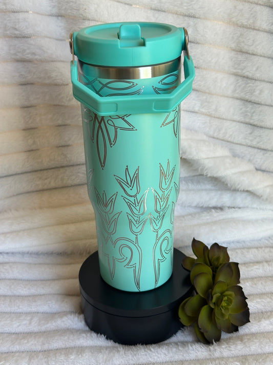 30oz Teal Floral Boot Stitch Tumbler With Flip Straw
