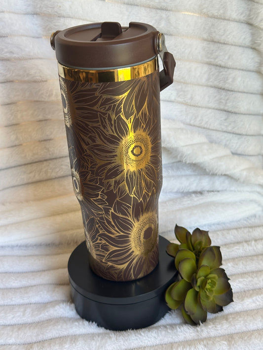 30oz Sunflower Brown Tumbler With Flip Straw