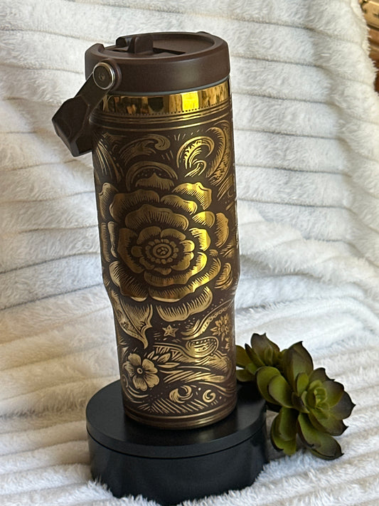 30oz Brown Tooled Flower Tumbler With Flip Straw