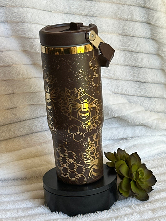 30oz Brown Honey Bee Tumbler With Flip Straw