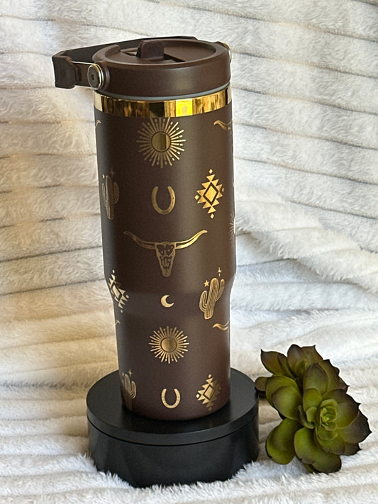 30oz Brown Aztec Tumbler With Flip Straw