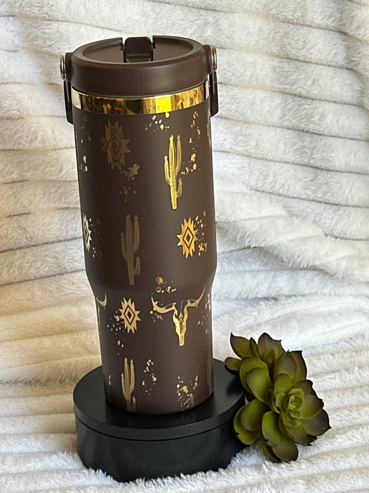 30oz Southwestern Aztec Brown and Gold Flip Straw Tumbler