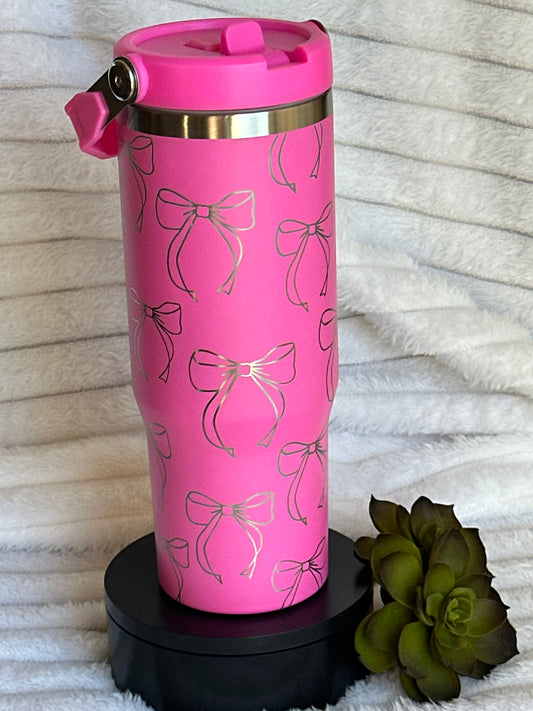 30oz Bright Pink Bow Flip Straw Tumbler
