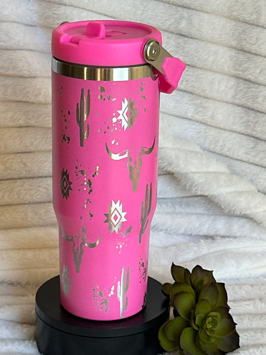 30ox Bright Pink Flip Straw Tumbler With Southwest Pattern