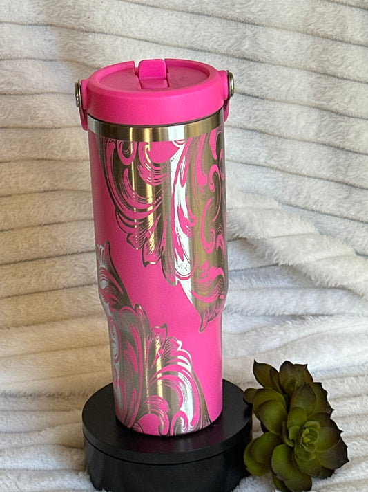 30oz Bright Pink Flip Straw Tumbler With Tooled Pattern
