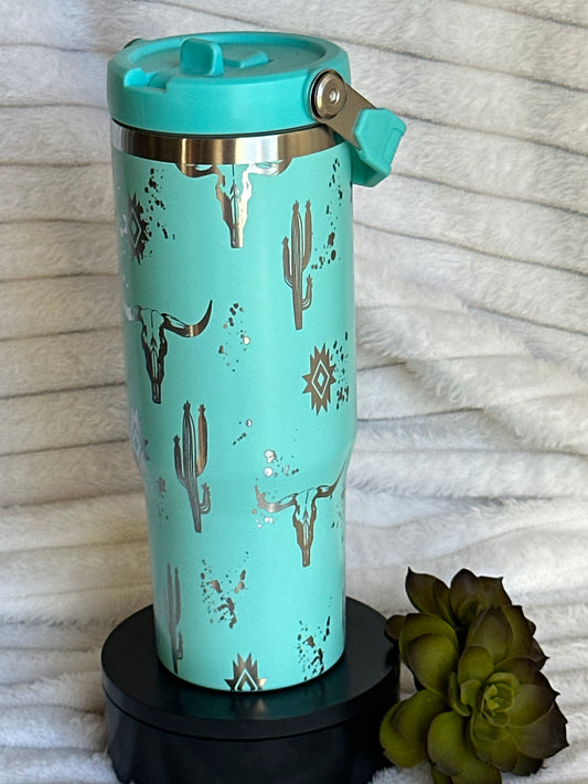 30oz Teal Southwestern Tumbler With Flip Straw