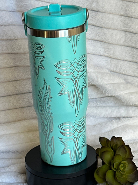 30oz Teal Boot stitch Tumbler with Flip Straw
