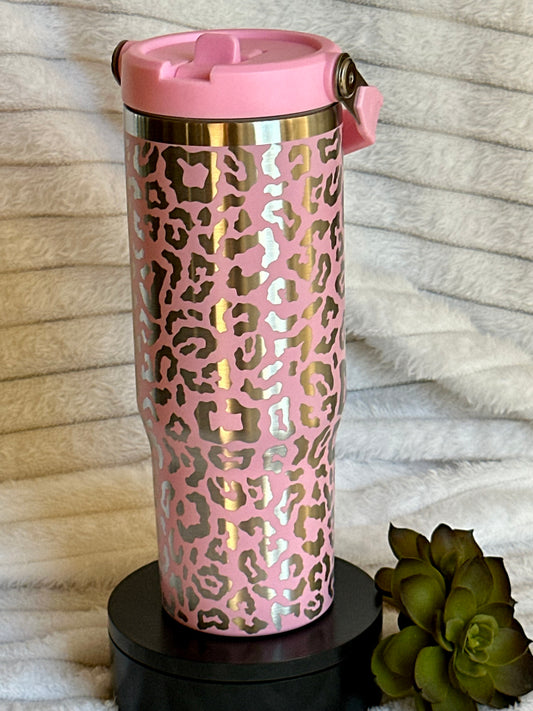 30 oz Pink Leopard Flip Straw Tumbler