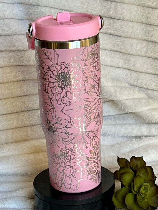 30 oz Pink Dahlia Tumbler With Flip Straw