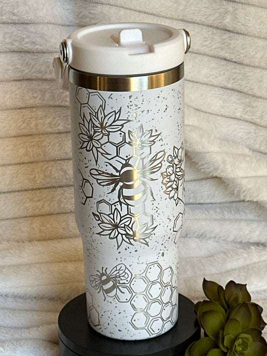 30oz White Honey Bee Flip Straw Tumbler With Handle