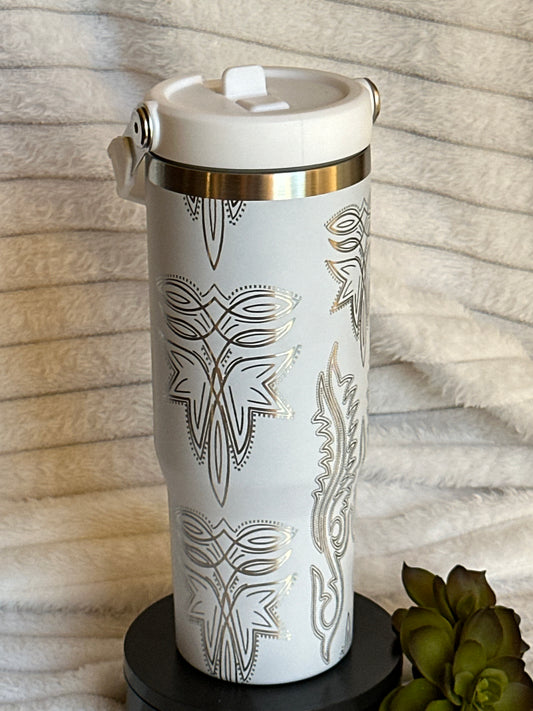30oz White Bootstich Pattern Tumbler With Handle and Flip Straw