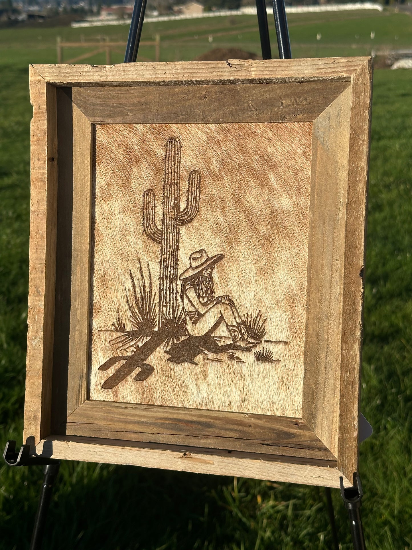Small Engrave Cowhide Picture-Cowgirl In the Desert