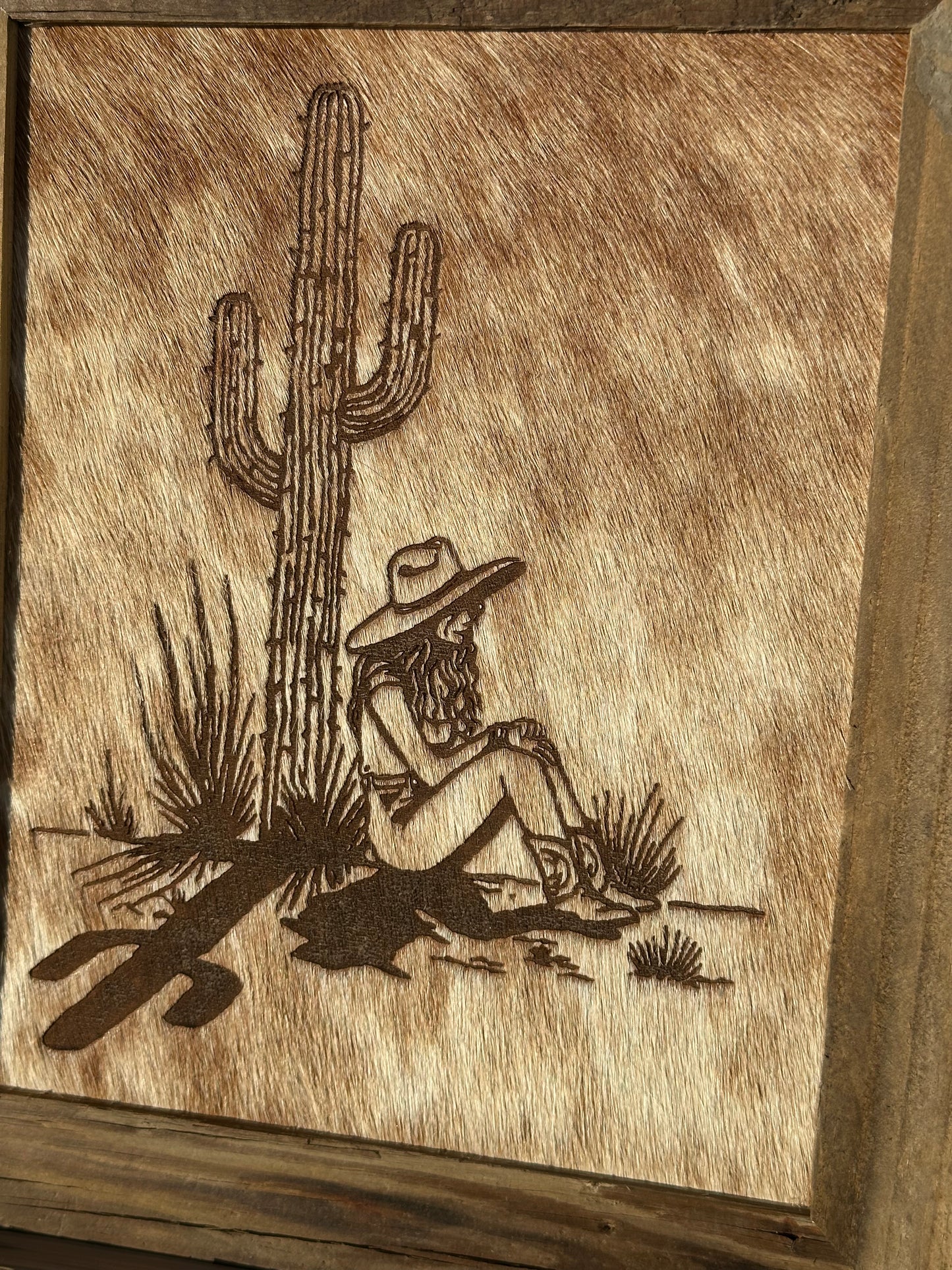 Small Engrave Cowhide Picture-Cowgirl In the Desert