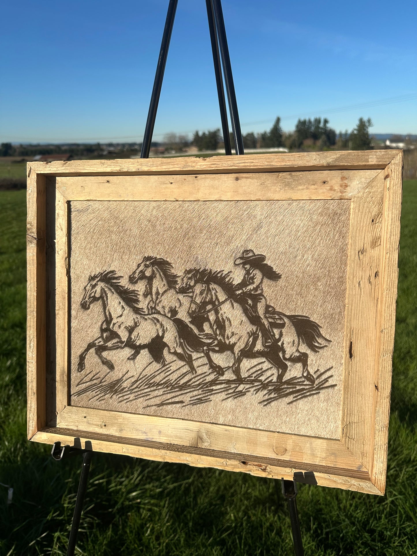 Medium Engraved Cowhide Picture-Wild horses