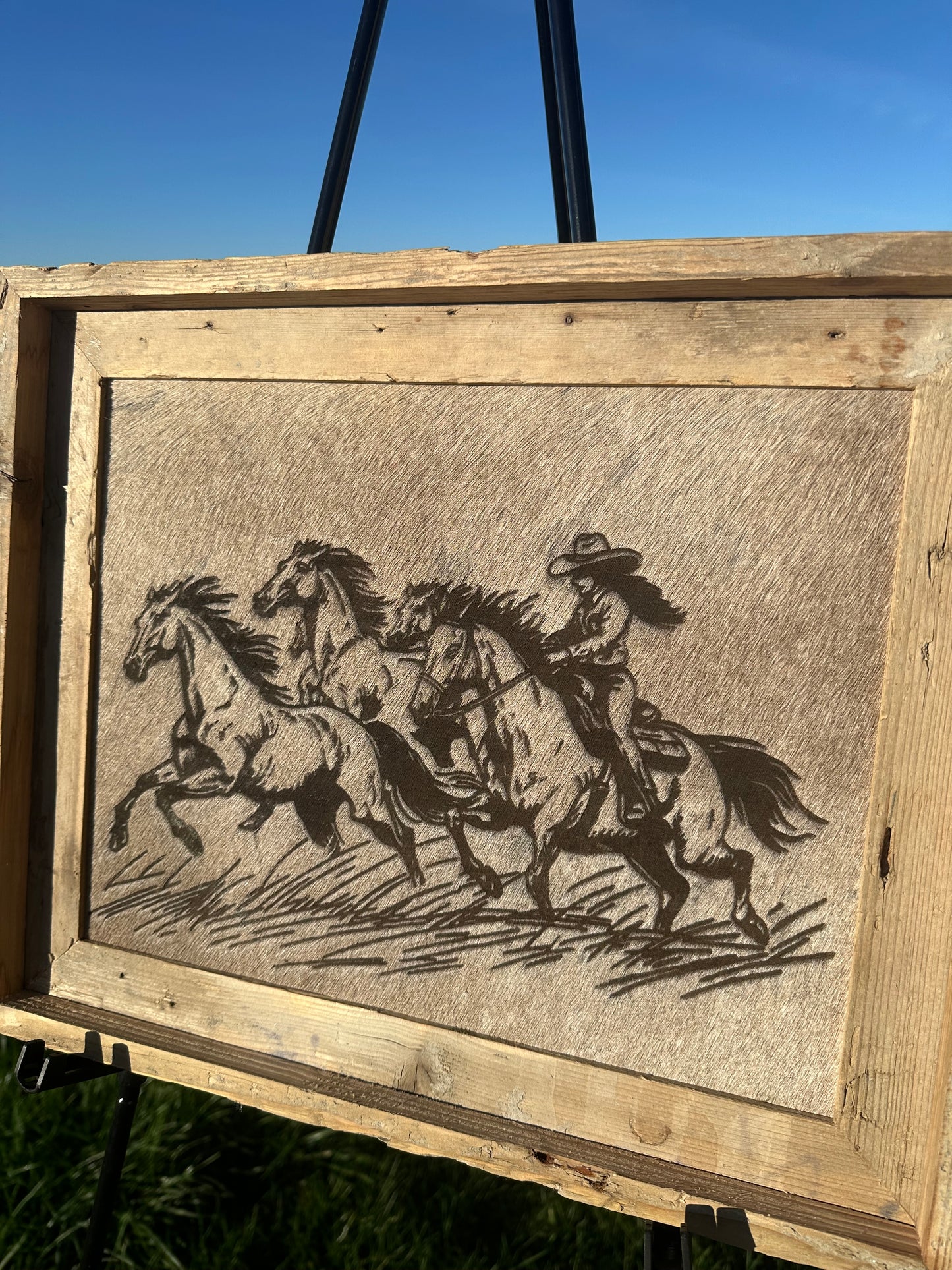 Medium Engraved Cowhide Picture-Wild horses