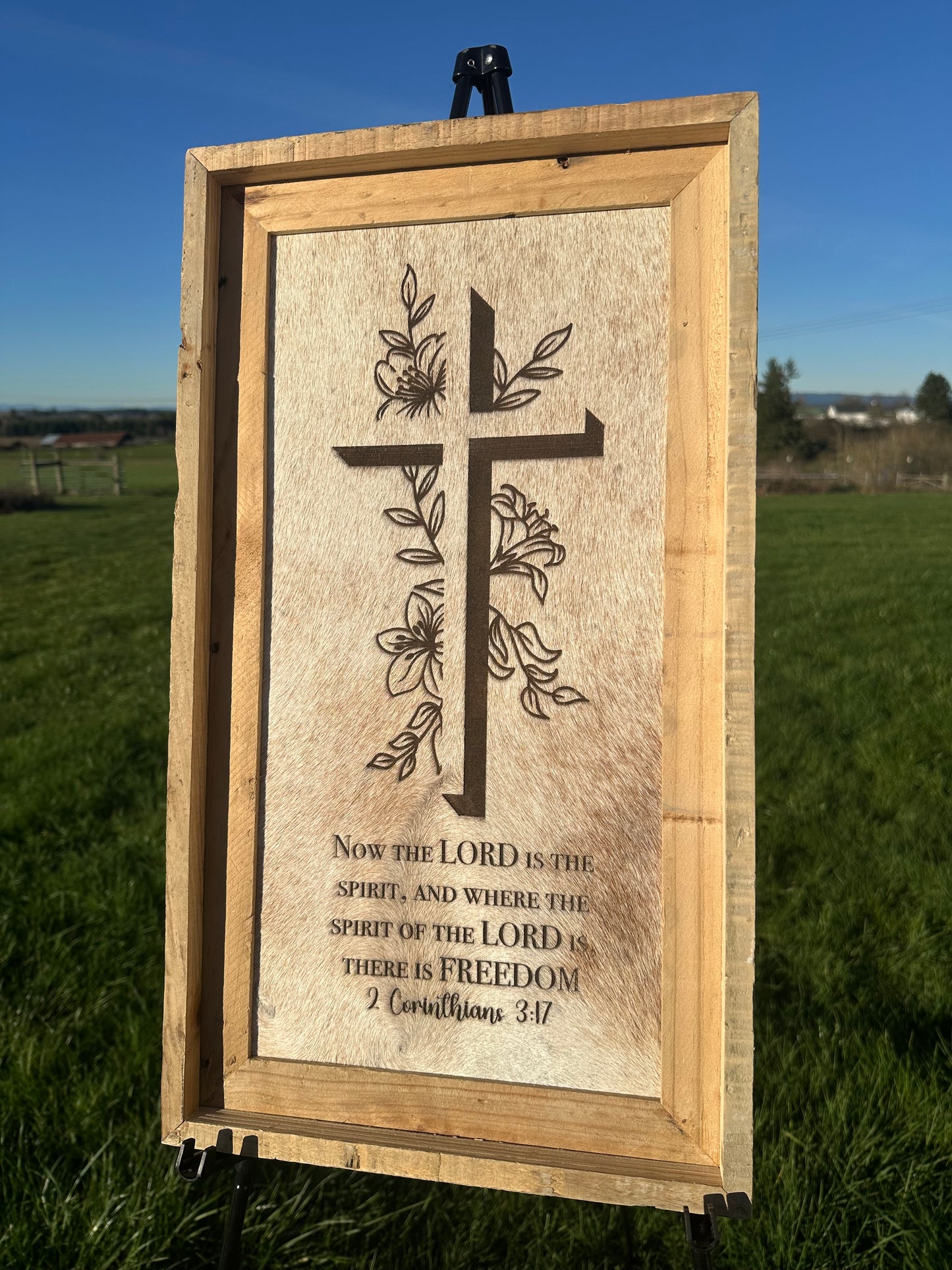 Large Engraved Cowhide Picture-Floral Cross(Tan)