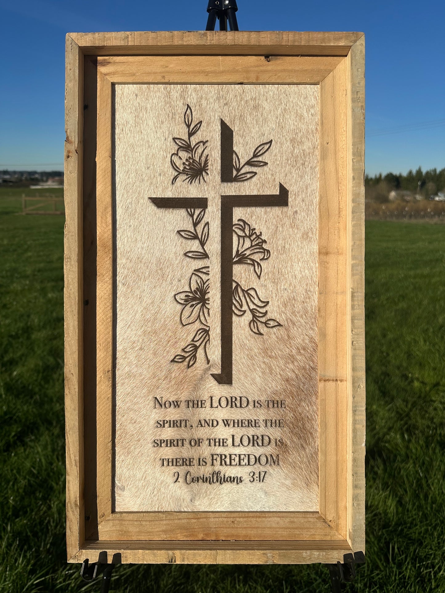 Large Engraved Cowhide Picture-Floral Cross(Tan)