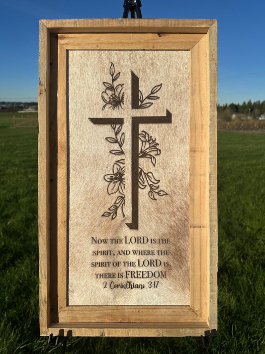 Large Engraved Cowhide Picture-Floral Cross(Tan)