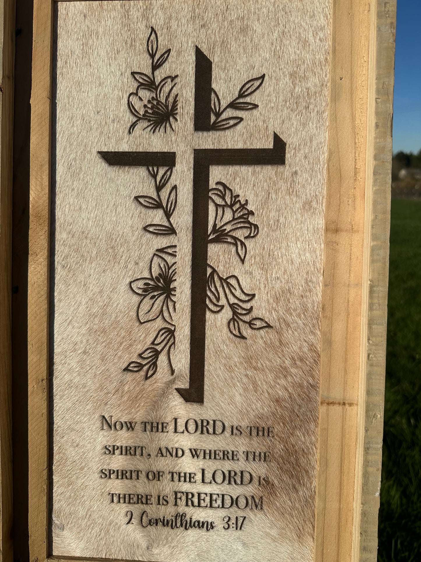 Large Engraved Cowhide Picture-Floral Cross(Tan)