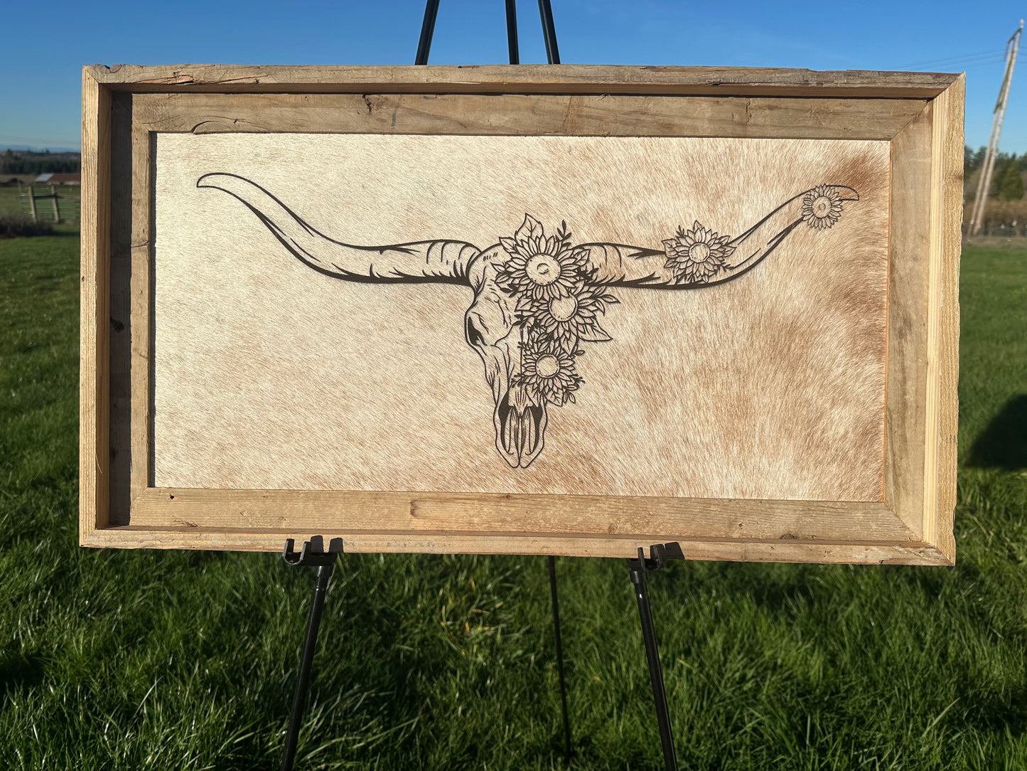 Extra Large Engraved Cowhide Picture-Floral Skull