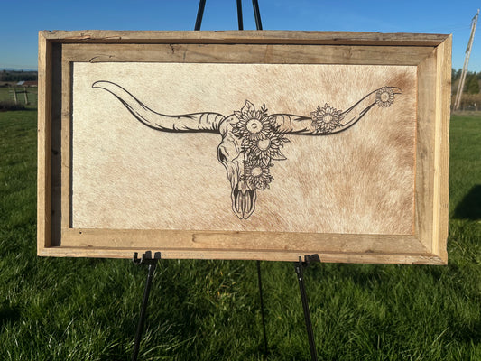 Extra Large Engraved Cowhide Picture-Floral Skull