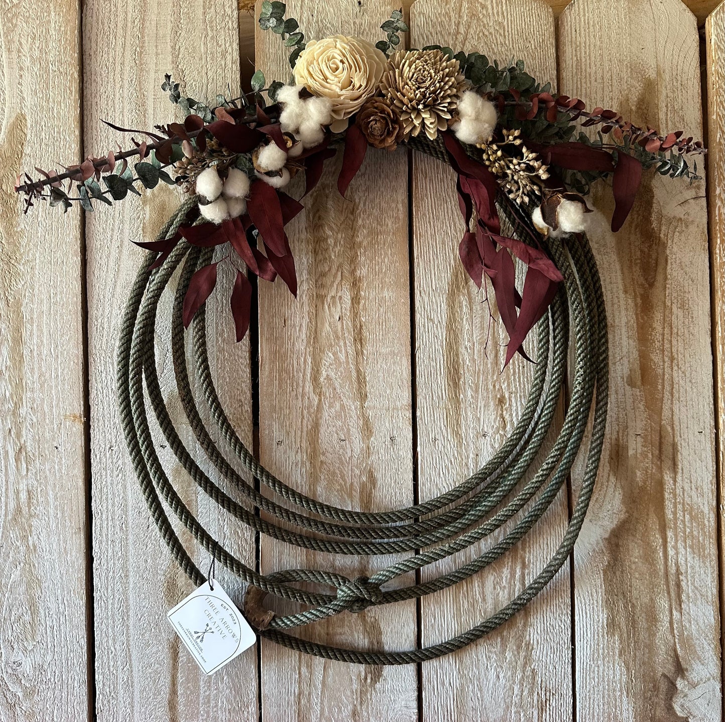 Lariat Wreath-Green with Wood Florals