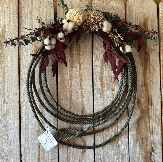 Lariat Wreath-Green with Wood Florals