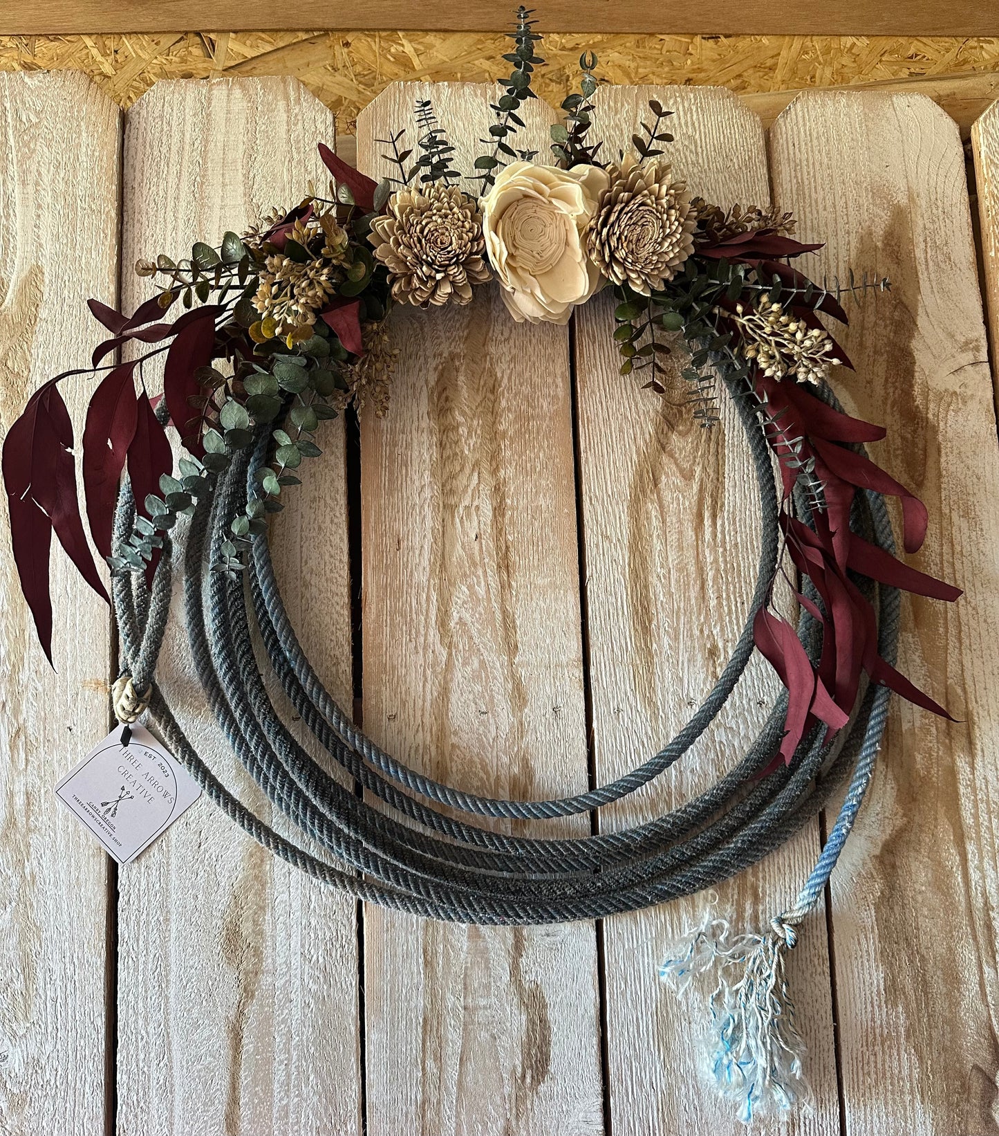 Lariat Wreath-Blue with Wood Florals