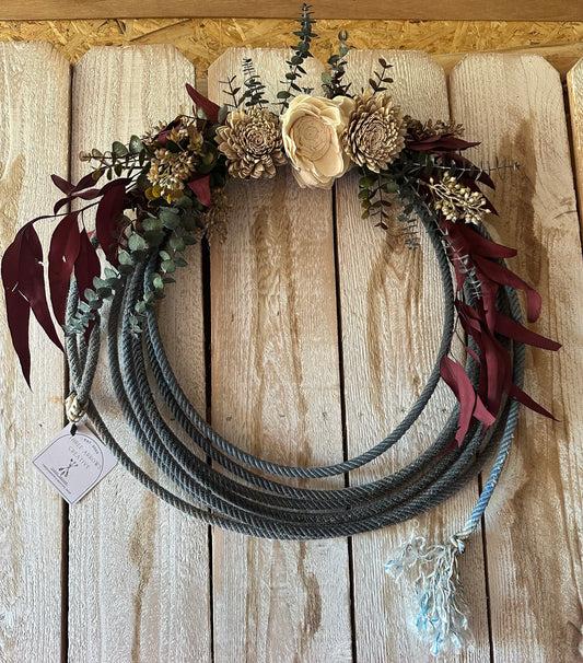 Lariat Wreath-Blue with Wood Florals