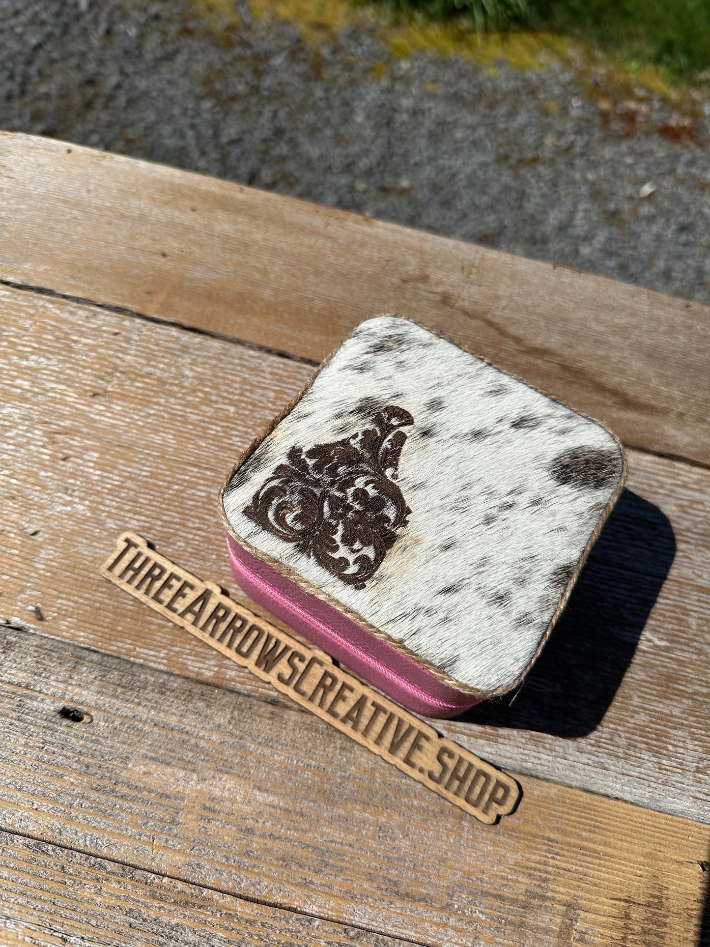 Tooled Ear Tag Cowhide Jewelry Box