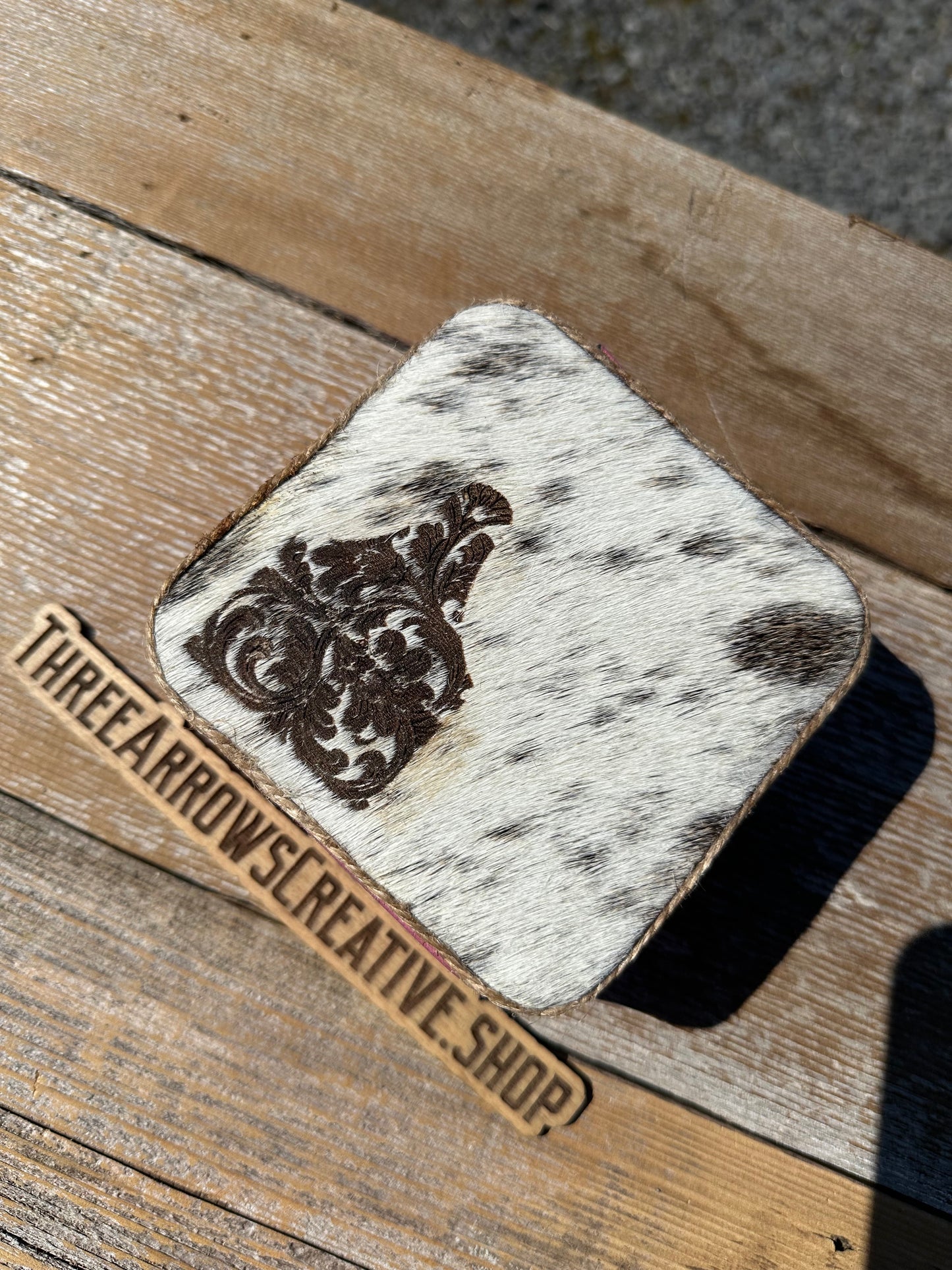Tooled Ear Tag Cowhide Jewelry Box