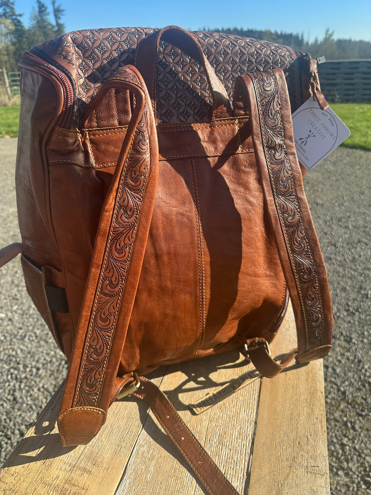 Leather and Cowhide Backpack with Praying Cowboy