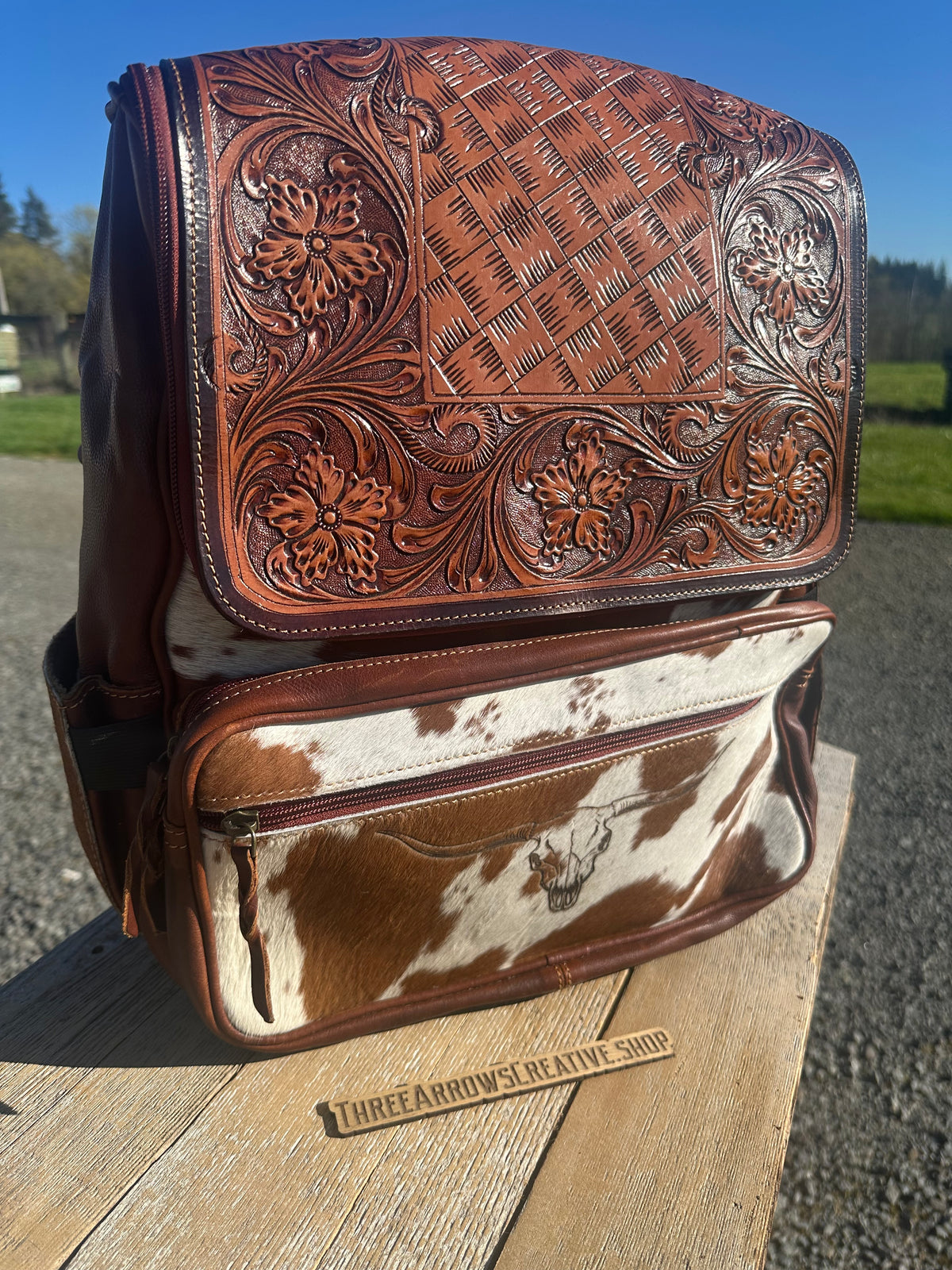 Leather and Cowhide Backpack With Longhorn Skull