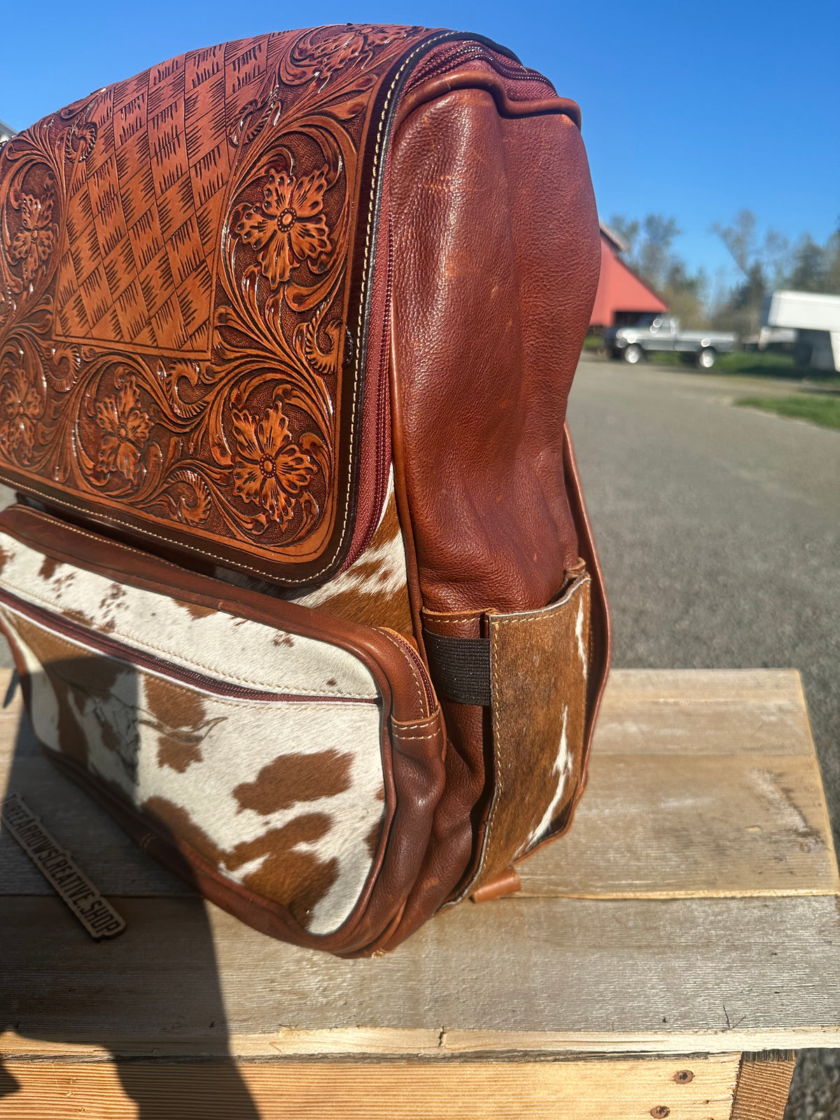 Leather and Cowhide Backpack With Longhorn Skull