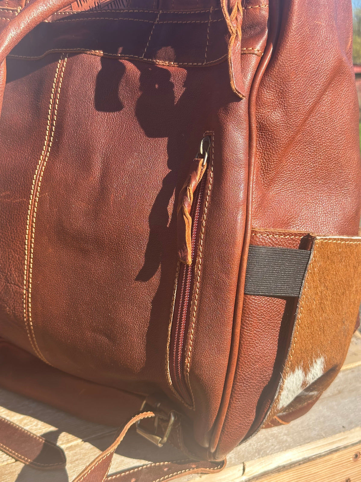 Leather and Cowhide Backpack With Longhorn Skull