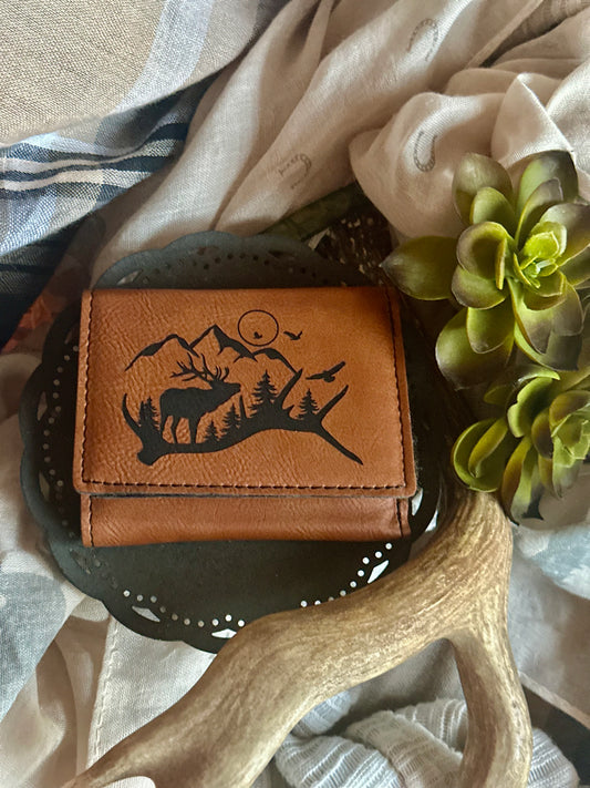 Elk With Mountains And Antler Trifold Wallet