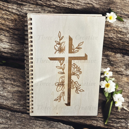 Floral Cross Wood Notebook